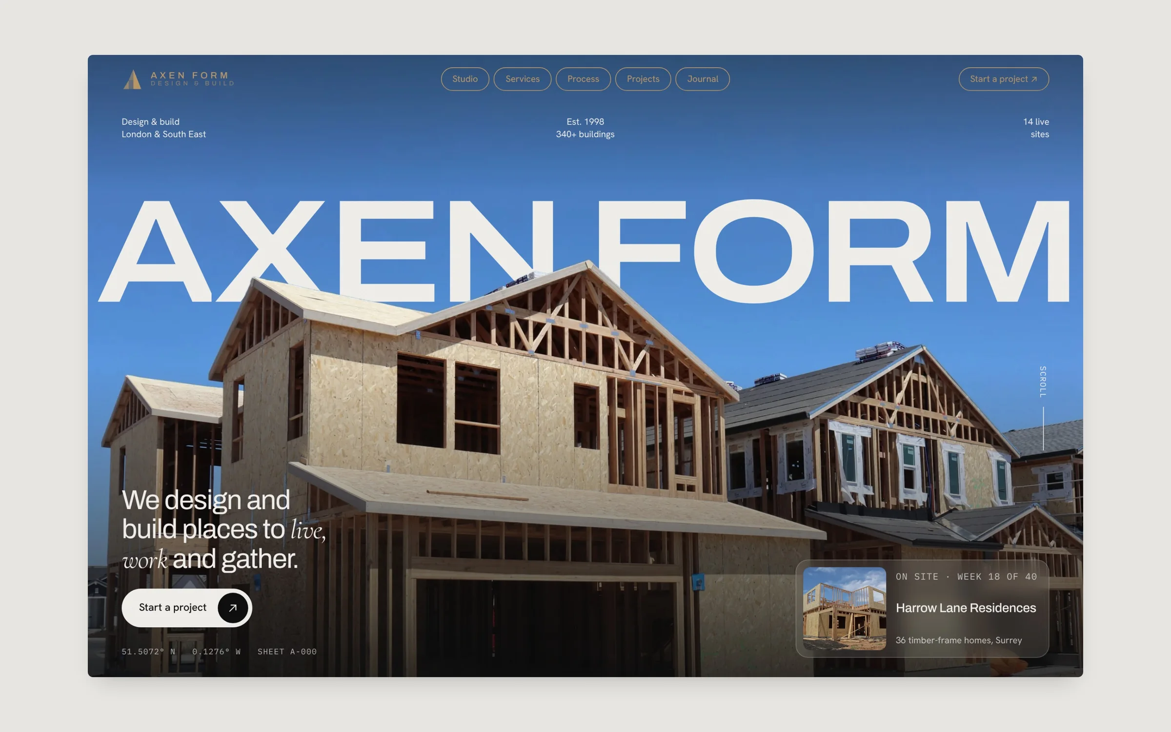 Website hero: a huge AXEN FORM wordmark over a timber-frame house under construction