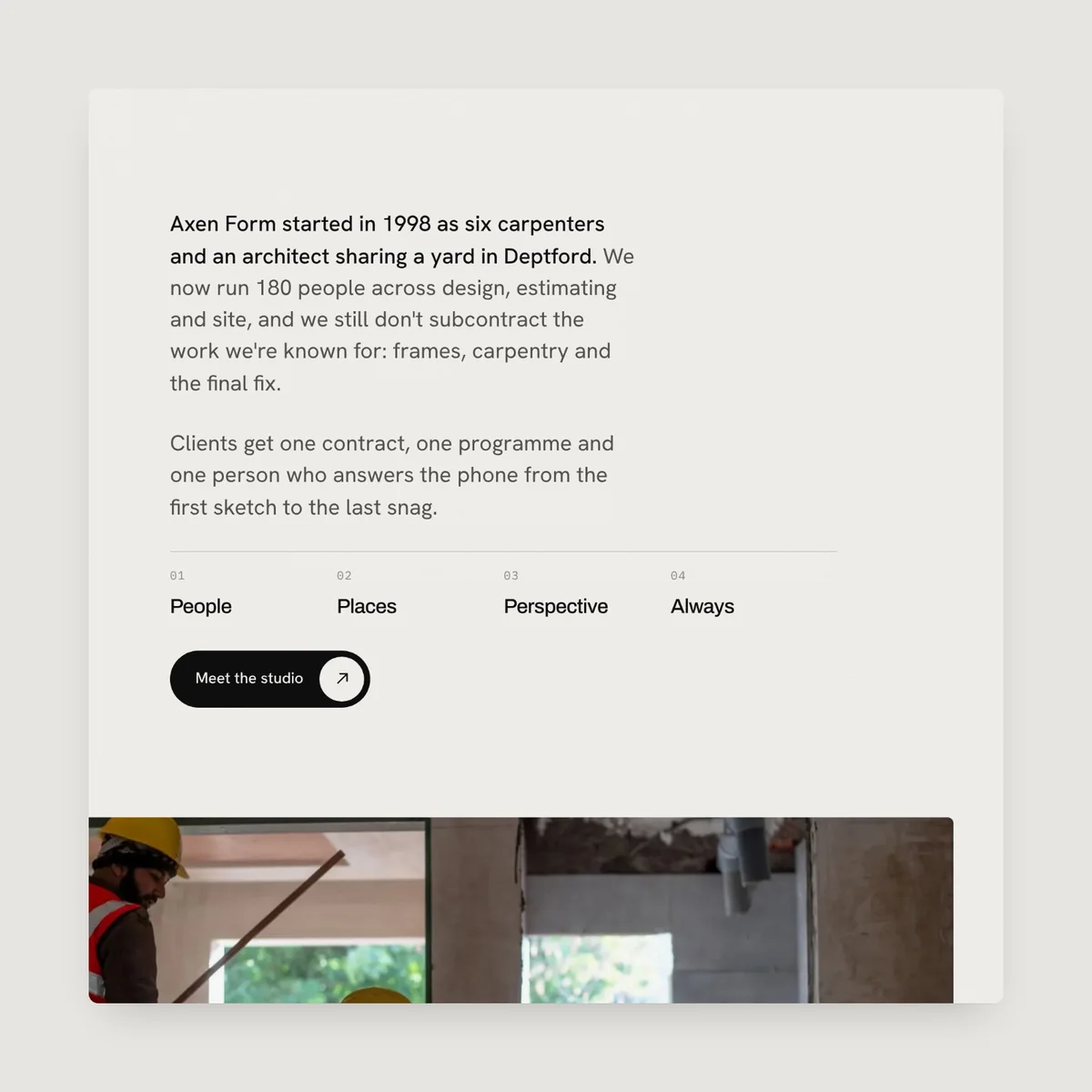About section with the studio story and a Meet the studio button