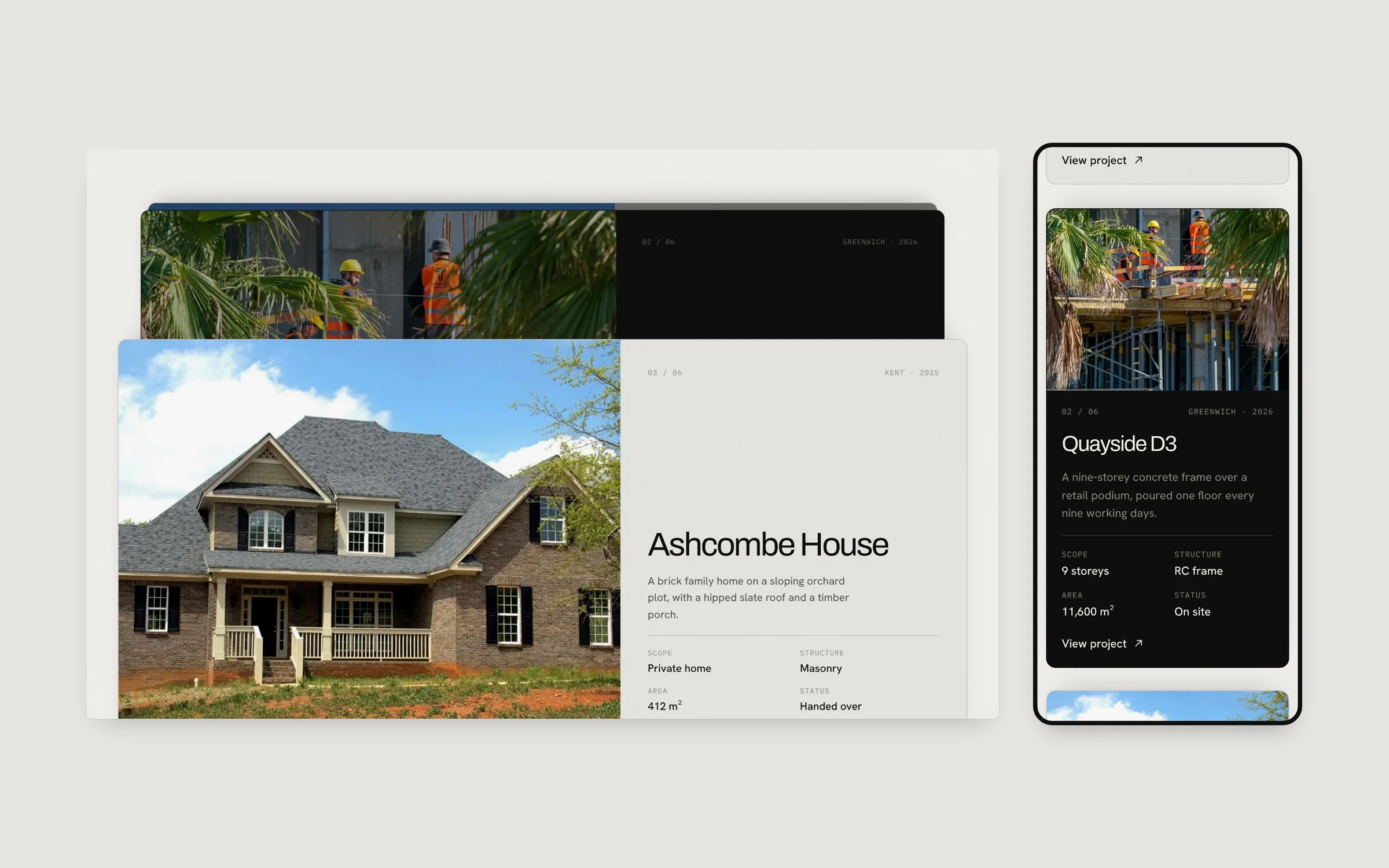 Selected projects as stacked cards with Ashcombe House in front, plus a project card on mobile