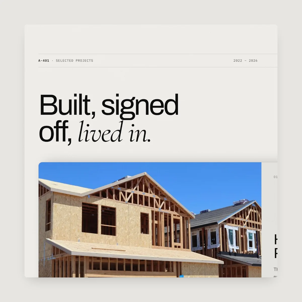 Projects heading “Built, signed off, lived in” above a timber-frame house
