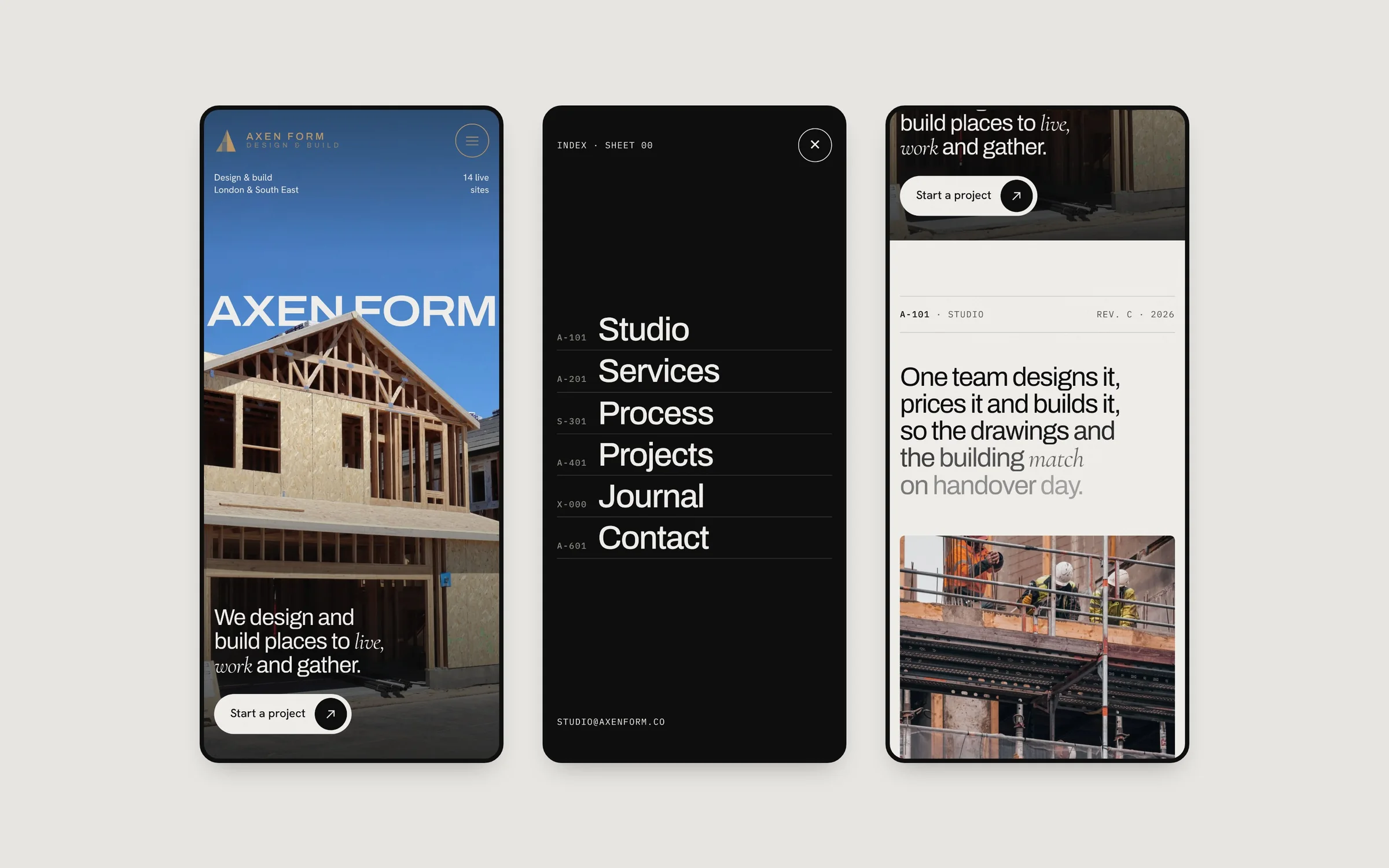 Three phone screens: the home hero, the full-screen menu and the statement section
