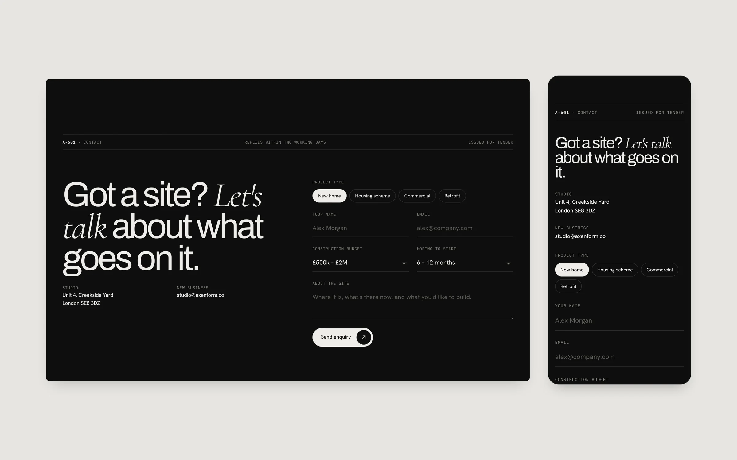 Contact section, “Got a site? Let’s talk about what goes on it”, with an enquiry form on desktop and mobile