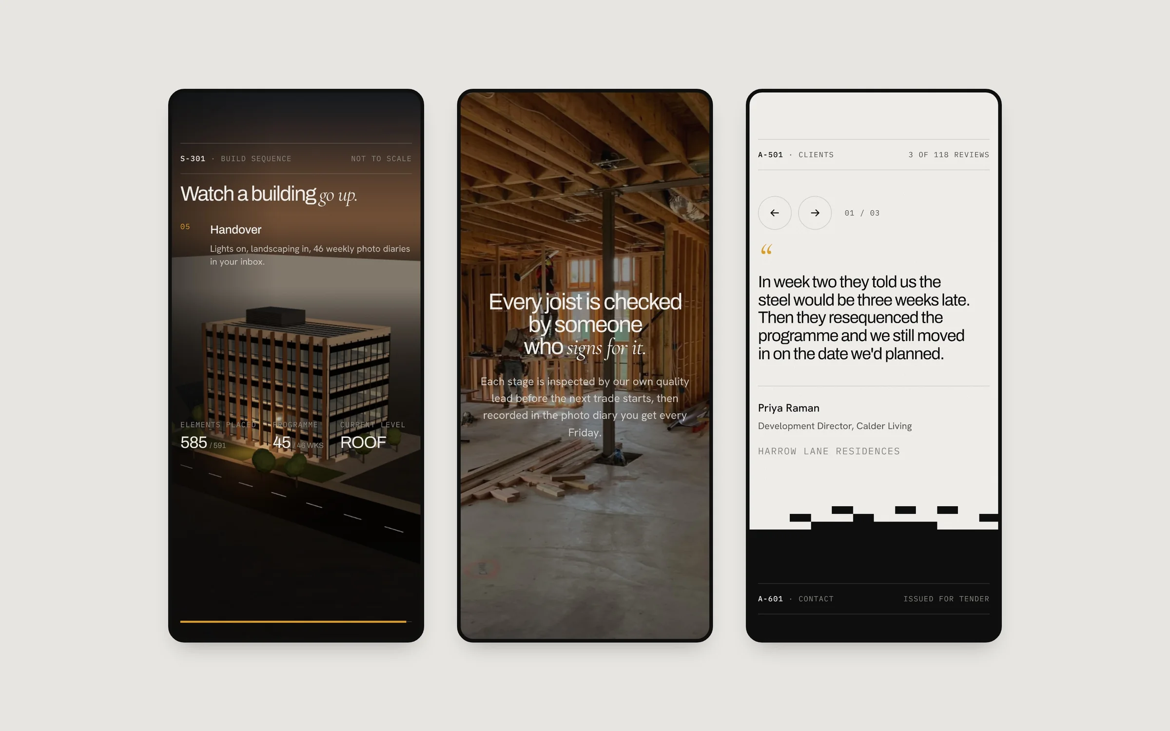 Three phone screens: the build sequence at handover, the on-site statement and a client review