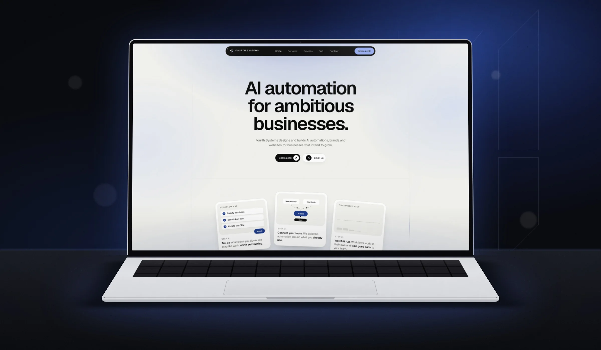 The Fourth Systems website on a laptop, with the headline AI automation for ambitious businesses