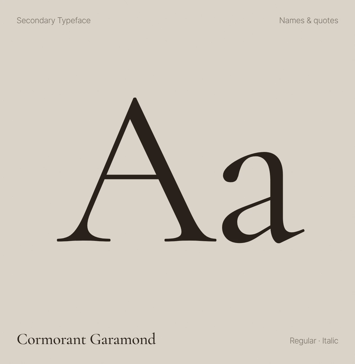 Secondary typeface: Cormorant Garamond, used for names and quotes