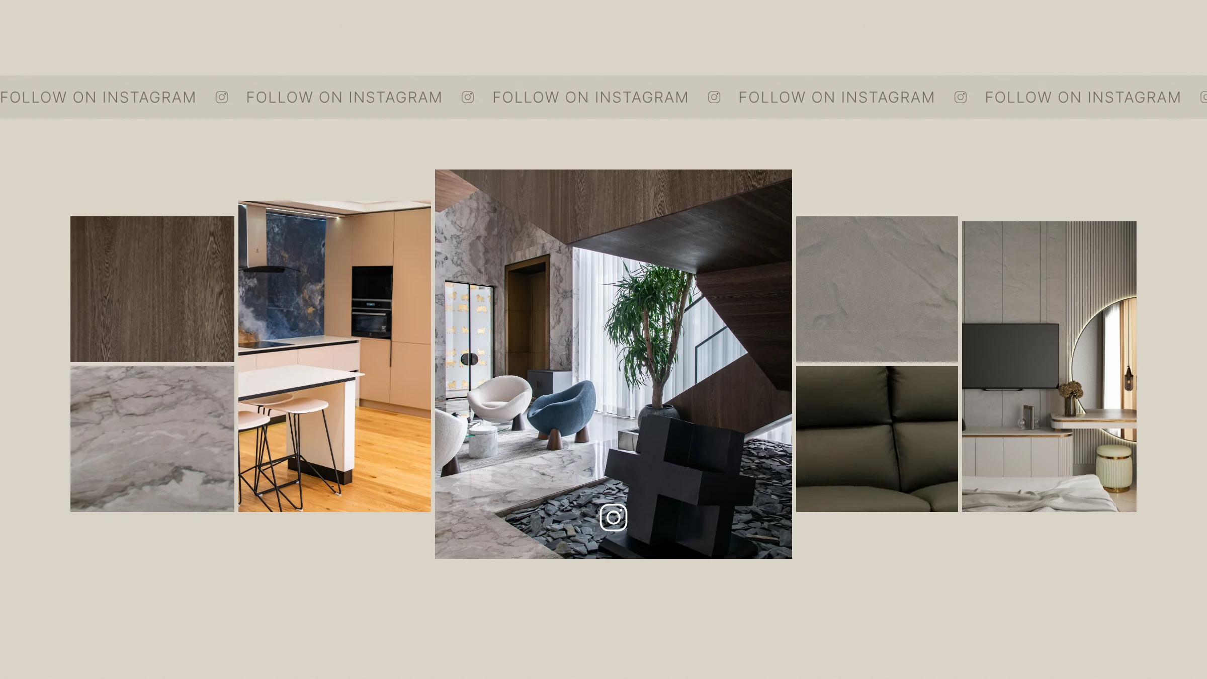 A scrolling Follow on Instagram strip above a mosaic of materials and interiors