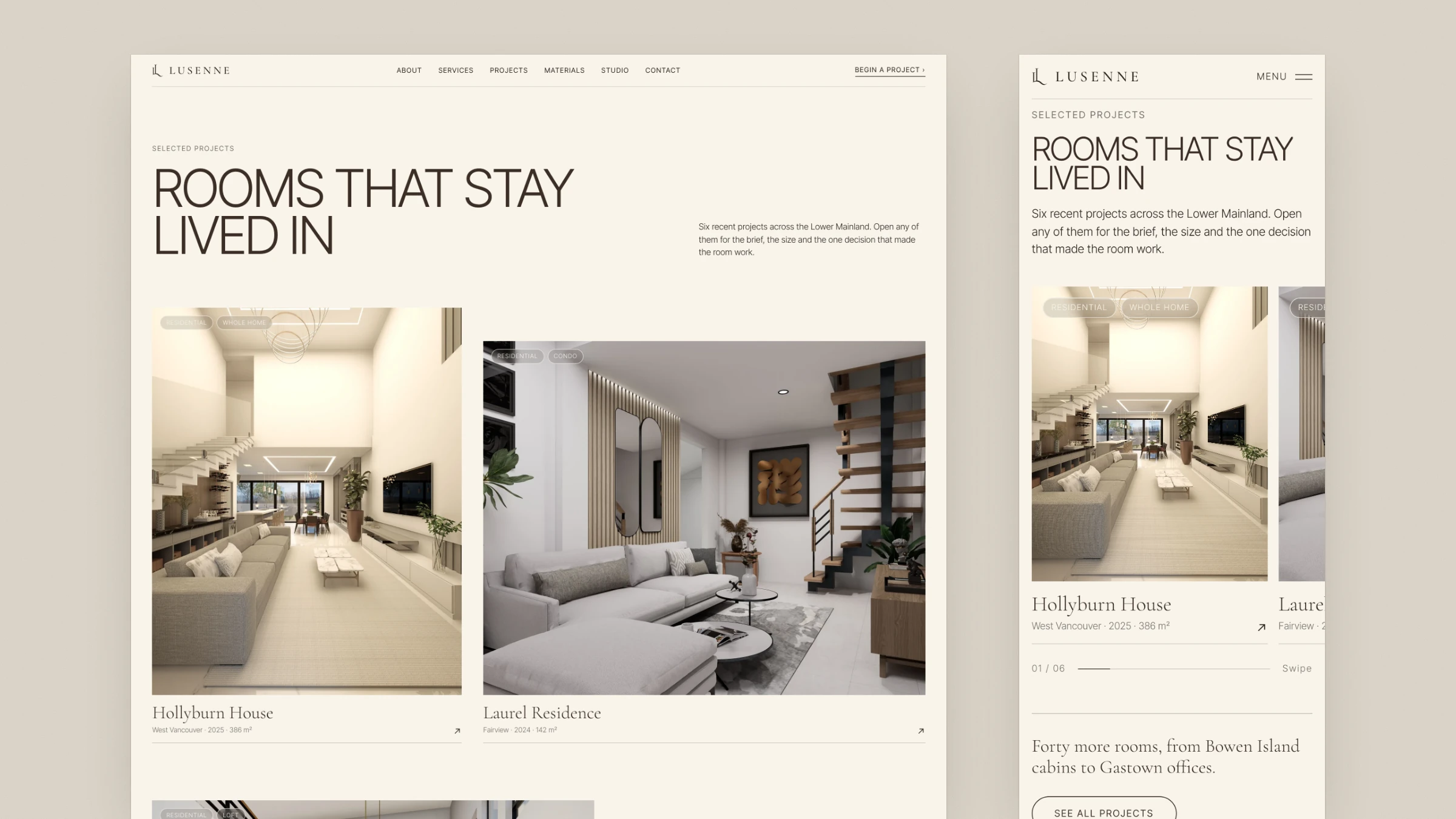 The projects page on desktop and mobile: “Rooms that stay lived in”