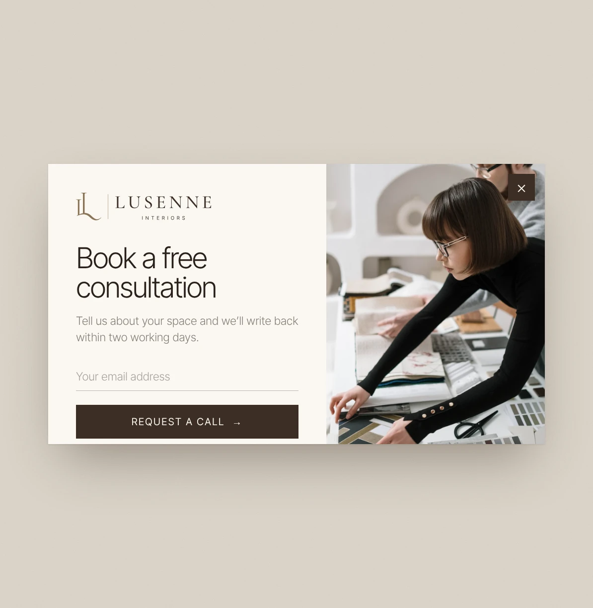 Book a free consultation pop-up with an email field