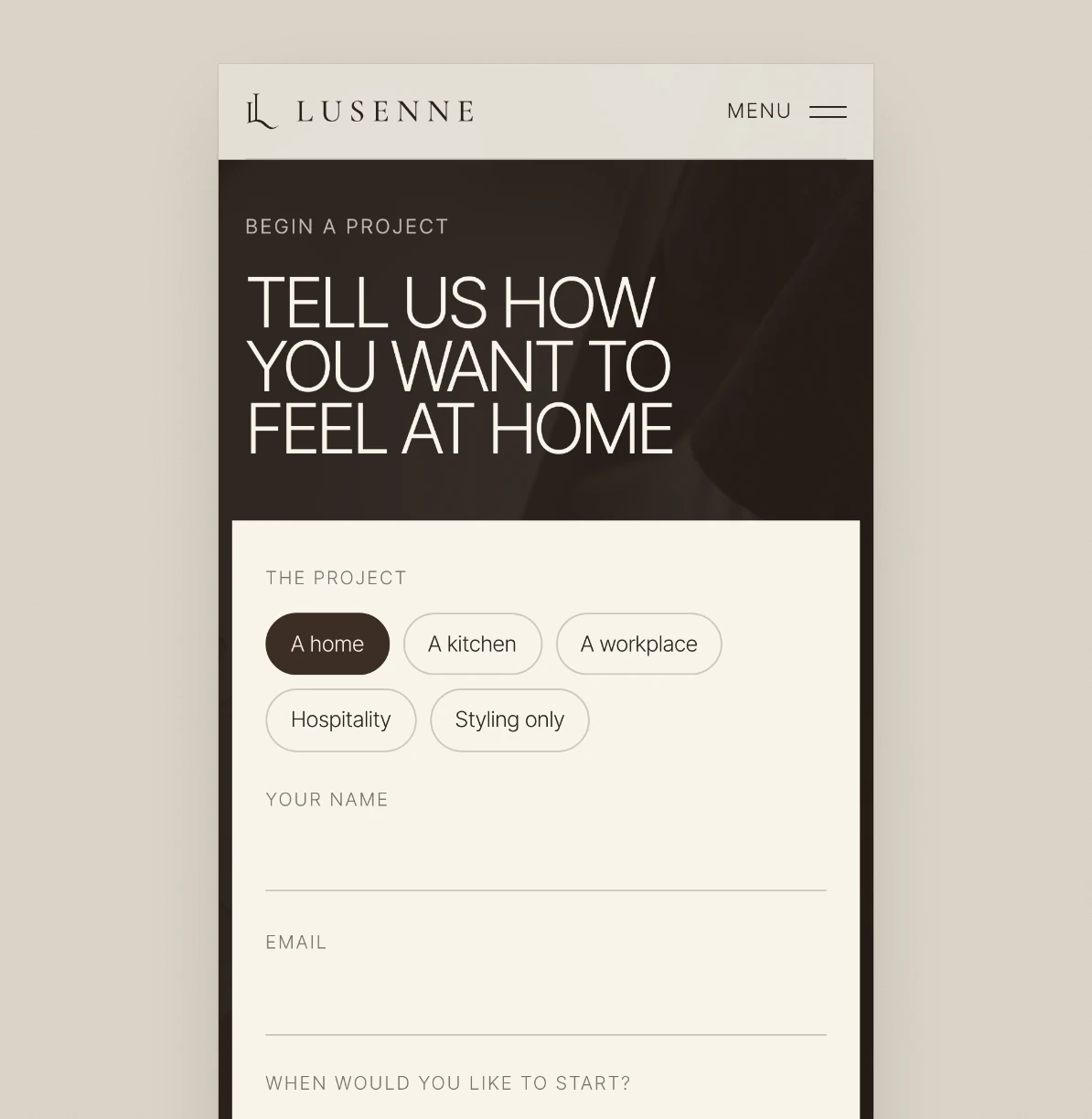 Mobile enquiry form: “Tell us how you want to feel at home”