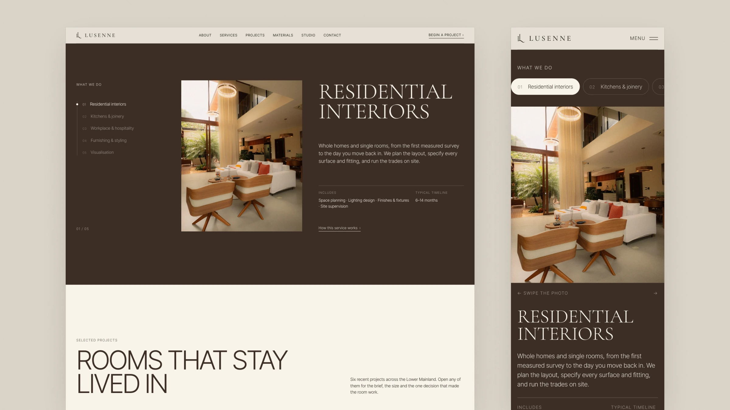The services page showing residential interiors, on desktop and mobile